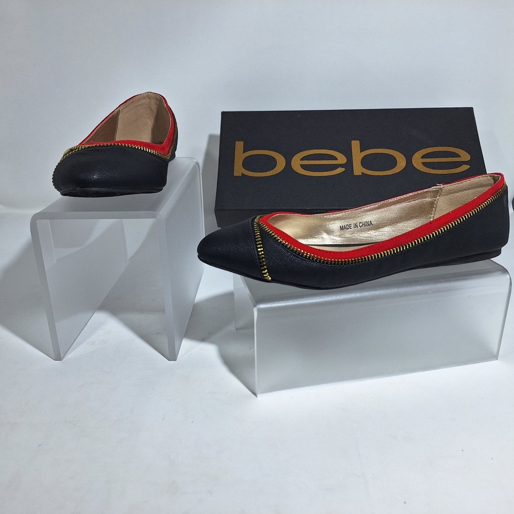 Bebe Zipper Ballet Flat Women Sz 7 Black Red Gold Accent Pointed Toe Edgy Chic